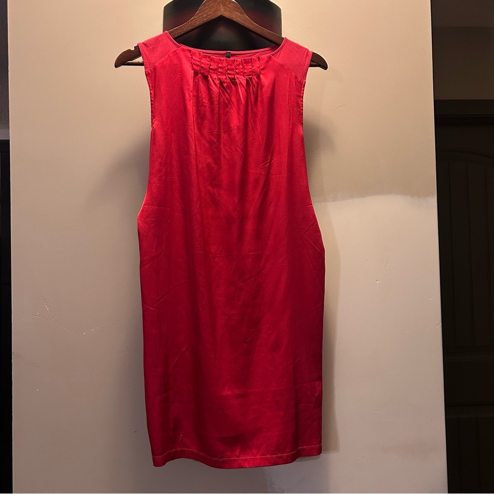 Vintage 80s/90s Benetton Red Fitted Midi Dress Satin Front, Pleated Belted Small
